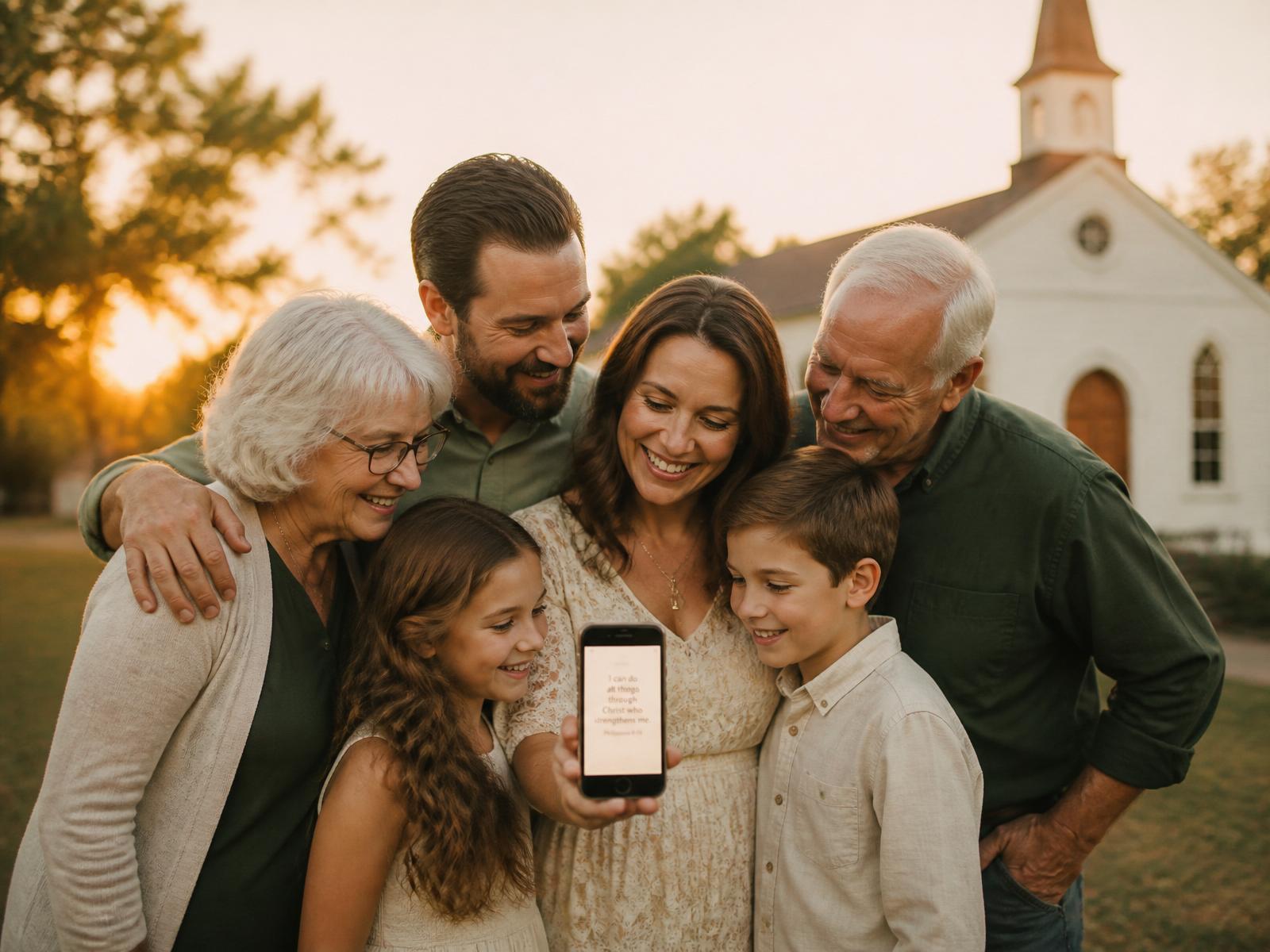 A multi-generational Christian family outside a country church, sharing a message together